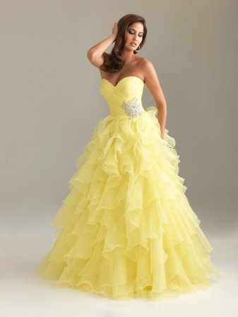 Yellow Strapless Sweetheart Ruffle Elegant Prom Gown